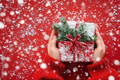 Female's hands in pullover holding Christmas gift box decorated with evergreen branch on red background with snow. Christmas and New Year banner. with generative ai