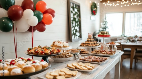 A holiday celebration with balloons on both sides of a food table, filled with red, green and white treats, snowflakes decorating the walls and an empty frame hanging on top photo