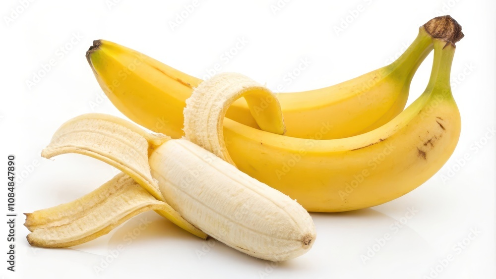 A cluster of ripe yellow bananas, one peeled to reveal its creamy white flesh, isolated on a bright white background A cluster of ripe yellow bananas, one peeled to reveal its creamy white flesh, isolated on a bright white background