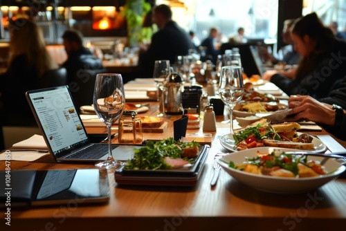 Elegant Restaurant Table Setting with Laptop and Delicious Food