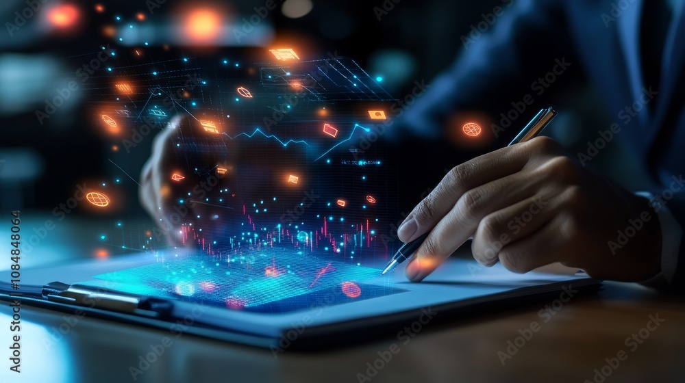 Businessperson analyzing data on a digital tablet, visualized as holographic charts and graphs. Businessperson analyzing data on a digital tablet, visualized as holographic charts and graphs.