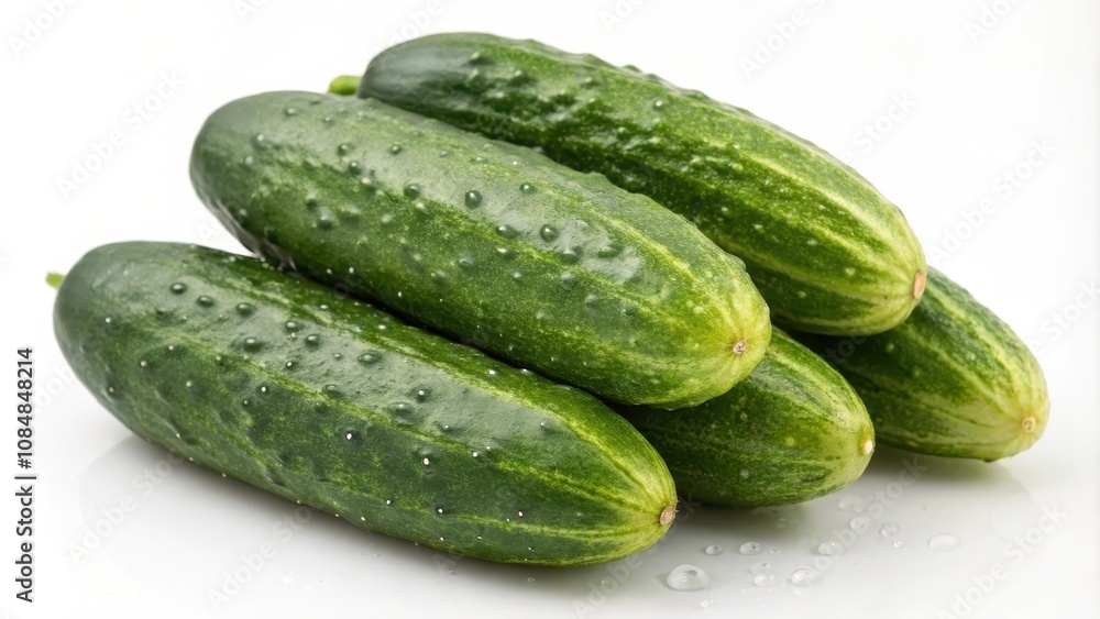 A cluster of fresh, green cucumbers with water droplets, showcasing their vibrant color and healthy texture A cluster of fresh, green cucumbers with water droplets, showcasing their vibrant color and healthy texture