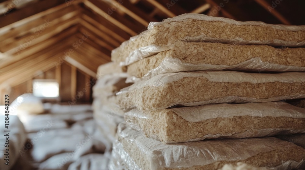 Natural fiber insulation stacked in an attic under renovation for energy efficiency Natural fiber insulation stacked in an attic under renovation for energy efficiency