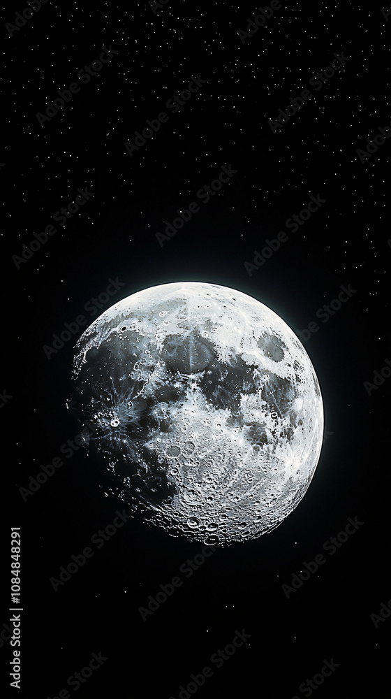 Naklejka premium Partially illuminated moon set against a stark black sky, with soft ambient light highlighting craters and surface details. Serene and contemplative atmosphere,...