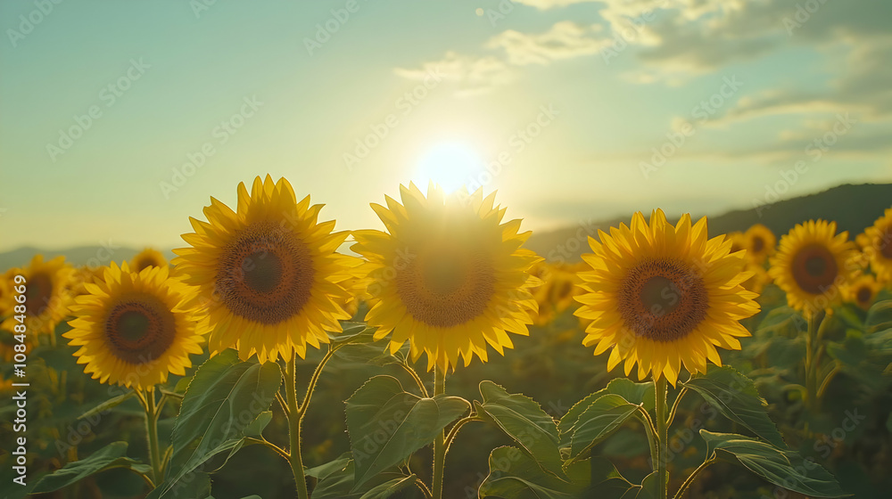 Obraz premium Golden Sunflowers Field at Sunset