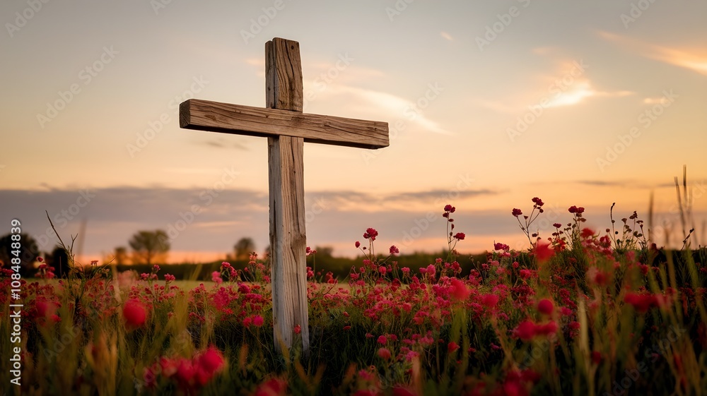 Christian cross on beautiful spring field with flowers at sunrise. Christian cross on beautiful spring field with flowers at sunrise.