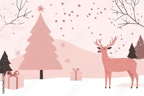 Artistic composition in pink colors with Christmas tree, deer and gifts. Festive New Year concept. Generative AI illustration for cover, card, postcard with generative ai