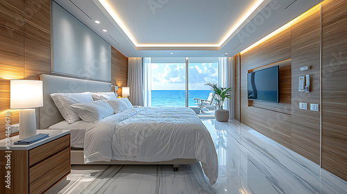 Luxurious bedroom with ocean view, featuring modern decor and natural light. serene atmosphere invites relaxation and comfort, perfect for getaway