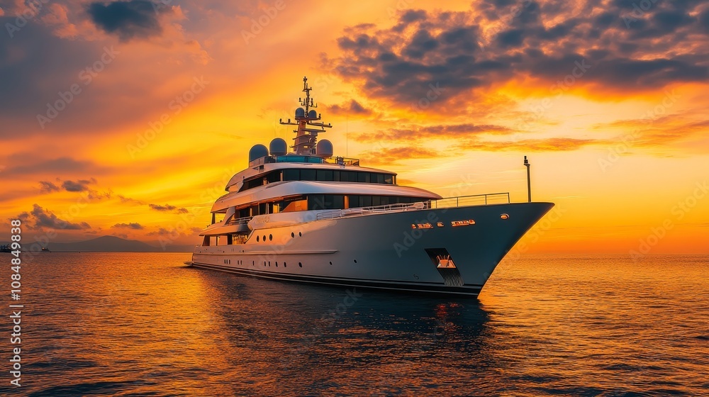 A luxurious yacht sailing on calm waters at sunset, showcasing elegance and leisure. A luxurious yacht sailing on calm waters at sunset, showcasing elegance and leisure.