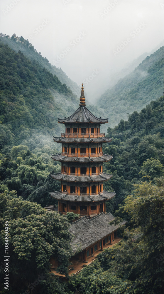 The image shows a tall pagoda-style building with many levels, surrounded by lush trees and mist in the background.