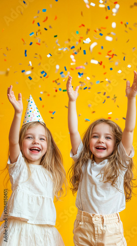 This image features two young girls with blonde hair, wearing party hats, and smiling at the camera. photo