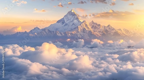 A majestic mountain rises above soft clouds at sunset, creating a serene and breathtaking landscape.