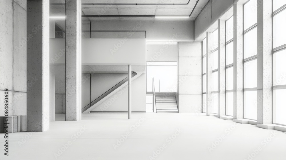 White room with large windows, showcasing minimalist interior design White room with large windows, showcasing minimalist interior design