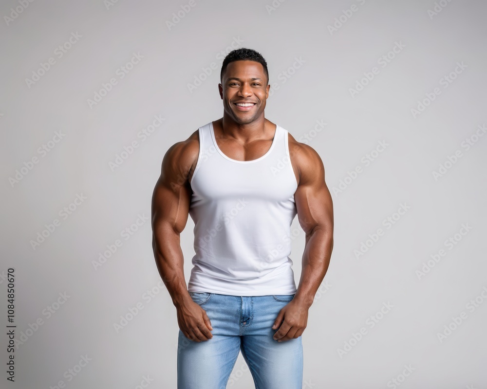 Muscular black man wearing white tank top and jeans isolated on grey background Muscular black man wearing white tank top and jeans isolated on grey background