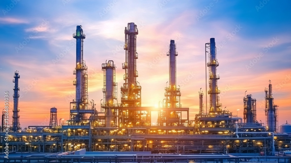 Oil refinery plant illuminated at night, casting a glow against the industrial sky Oil refinery plant illuminated at night, casting a glow against the industrial sky