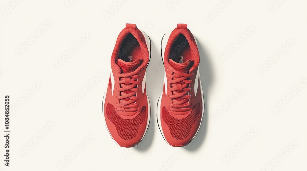 A pair of red sneakers with white laces and trim, viewed from above. A pair of red sneakers with white laces and trim, viewed from above.