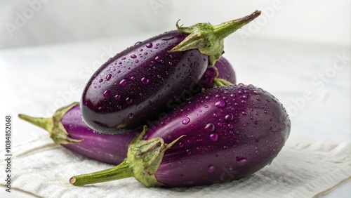 A trio of plump, dark purple eggplants glistening with water droplets rests on a soft, textured surface. photo