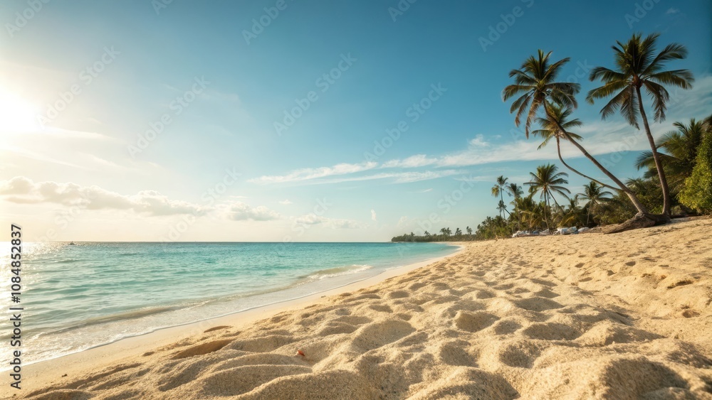 Serene tropical beach scene at sunset with palm trees and soft sand Serene tropical beach scene at sunset with palm trees and soft sand