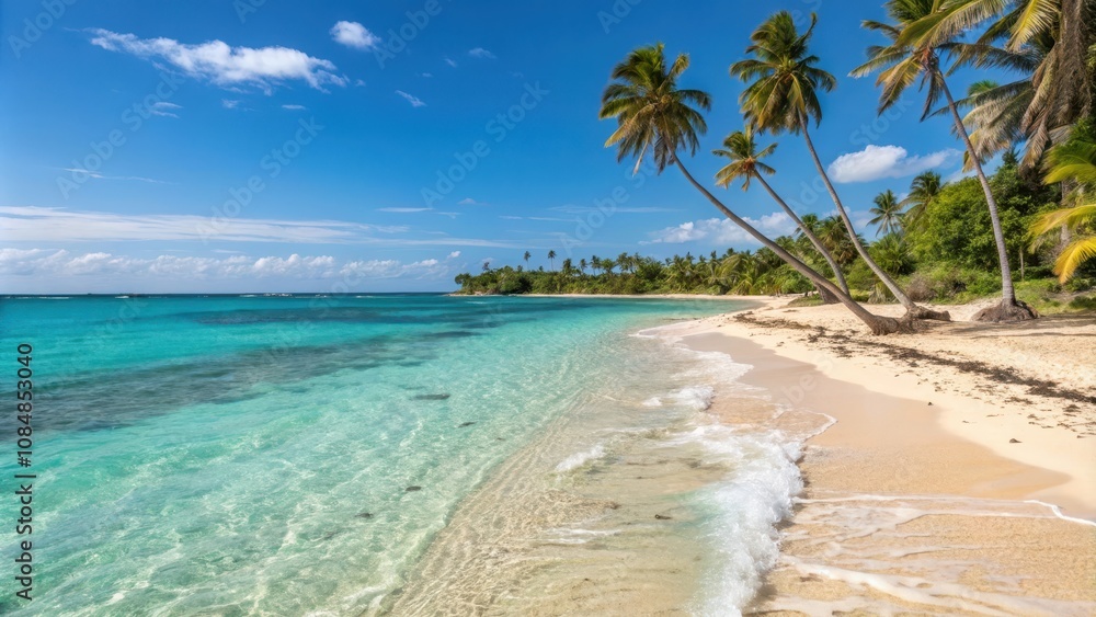 Idyllic tropical beach scene with leaning palm trees, clear turquoise water, and soft white sand Idyllic tropical beach scene with leaning palm trees, clear turquoise water, and soft white sand