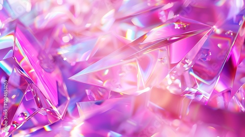 A vibrant display of translucent, pink-hued crystals reflecting light, creating a mesmerizing visual effect.