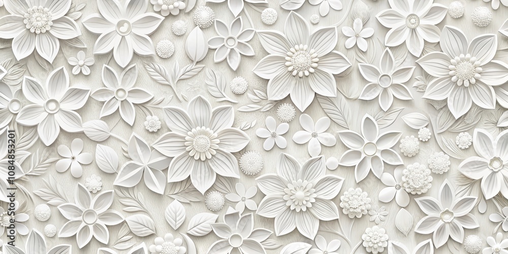 Elegant White Floral Arrangement A Seamless Pattern of Paper Flowers and Leaves Elegant White Floral Arrangement A Seamless Pattern of Paper Flowers and Leaves