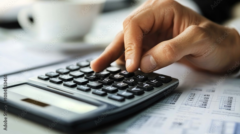 Close-up of hand using calculator, financial paperwork visible. Close-up of hand using calculator, financial paperwork visible.