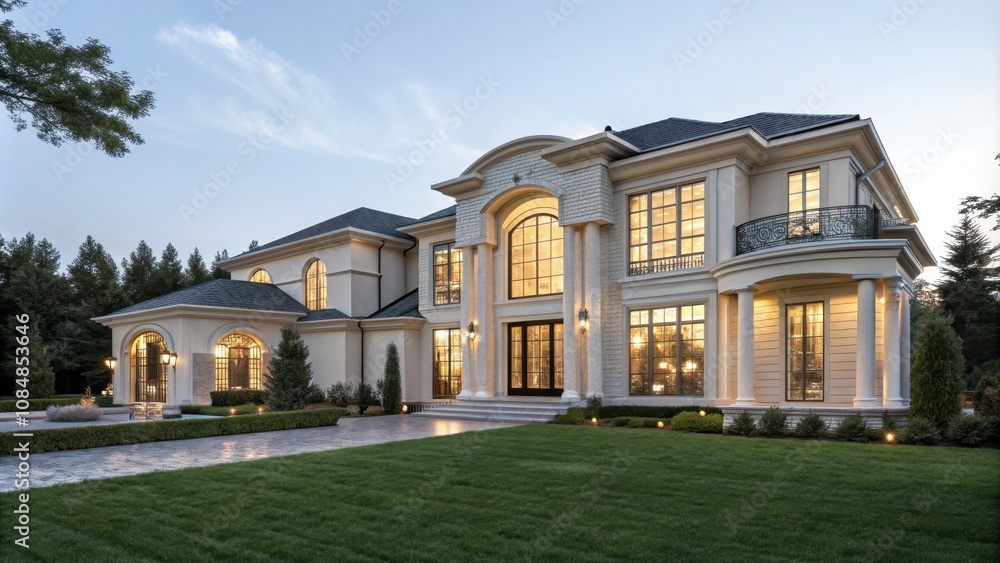Elegant Mansion at Dusk A Luxurious Residence with Extensive Landscaping and Grand Architectural Features Elegant Mansion at Dusk A Luxurious Residence with Extensive Landscaping and Grand Architectural Features