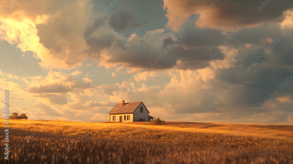 A serene image of a farmhouse with golden fields under a dramatic sky, captured in hyperrealistic clarity. Cinematic Scene, 4k resolution, cinematic scene A serene image of a farmhouse with golden fields under a dramatic sky, captured in hyperrealistic clarity. Cinematic Scene, 4k resolution, cinematic scene
