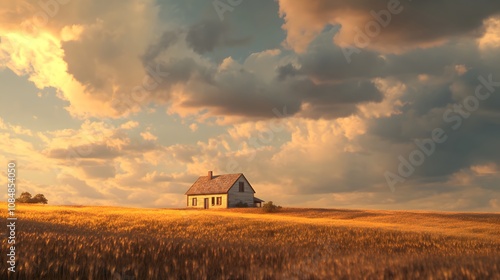 A serene image of a farmhouse with golden fields under a dramatic sky, captured in hyperrealistic clarity. Cinematic Scene, 4k resolution, cinematic scene