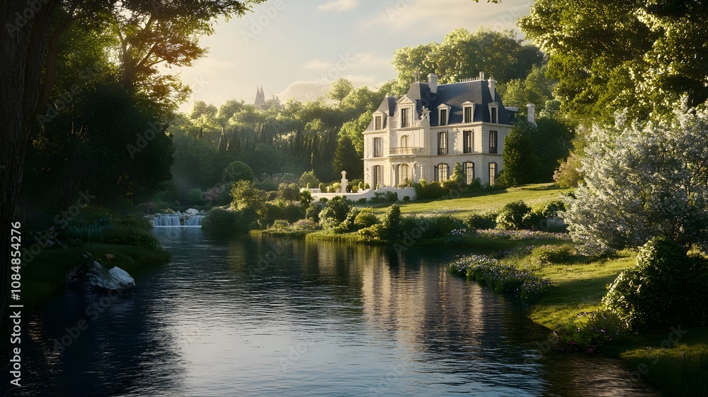 A tranquil estate by a river with carefully landscaped gardens, captured in realistic and sharp detail. Cinematic Scene, 4k resolution, cinematic scene A tranquil estate by a river with carefully landscaped gardens, captured in realistic and sharp detail. Cinematic Scene, 4k resolution, cinematic scene