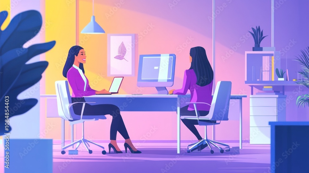 Two Businesswomen Working Together in a Modern Office Two Businesswomen Working Together in a Modern Office