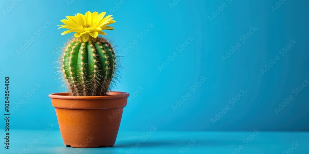 A vibrant yellow flower blossoms atop a prickly green cactus in a terracotta pot against a bright blue background A vibrant yellow flower blossoms atop a prickly green cactus in a terracotta pot against a bright blue background