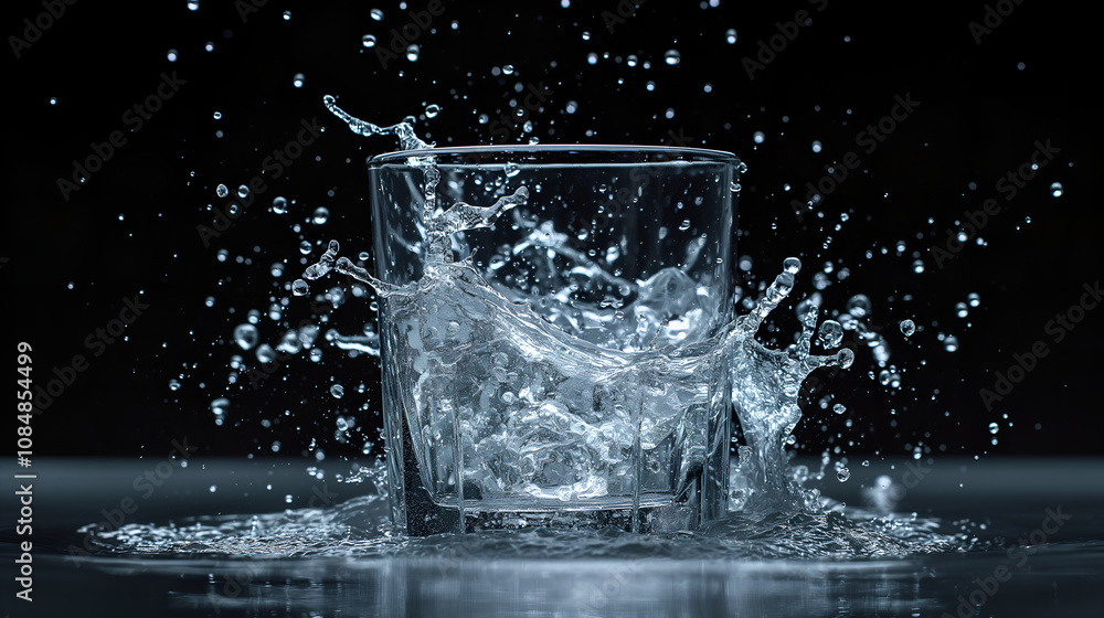 Dynamic Water Splash in Glass on Dark Background Dynamic Water Splash in Glass on Dark Background