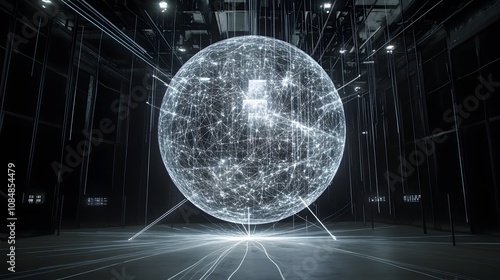 A massive data sphere suspended in an empty, dark space, with bright, glowing lines emanating outward to signify connectivity. 4k resolution, cinematic scene