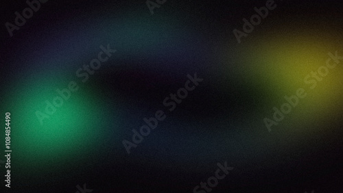 Abstract glowing color flow grainy background. Dark black blue orange green color wave noisy shaped, vibrant and bright colors, noise texture backdrop design