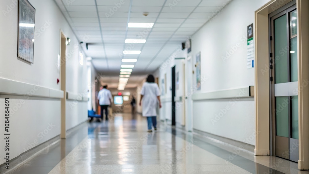Long, sterile hallway in a medical facility with blurred figures of medical personnel walking Long, sterile hallway in a medical facility with blurred figures of medical personnel walking