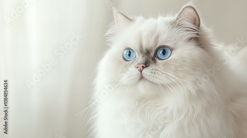 A close-up of a white Persian cat with long, silky fur, its vibrant blue eyes gazing intently forward, set against a plain cream-colored background that brings out the details of its luxurious coat