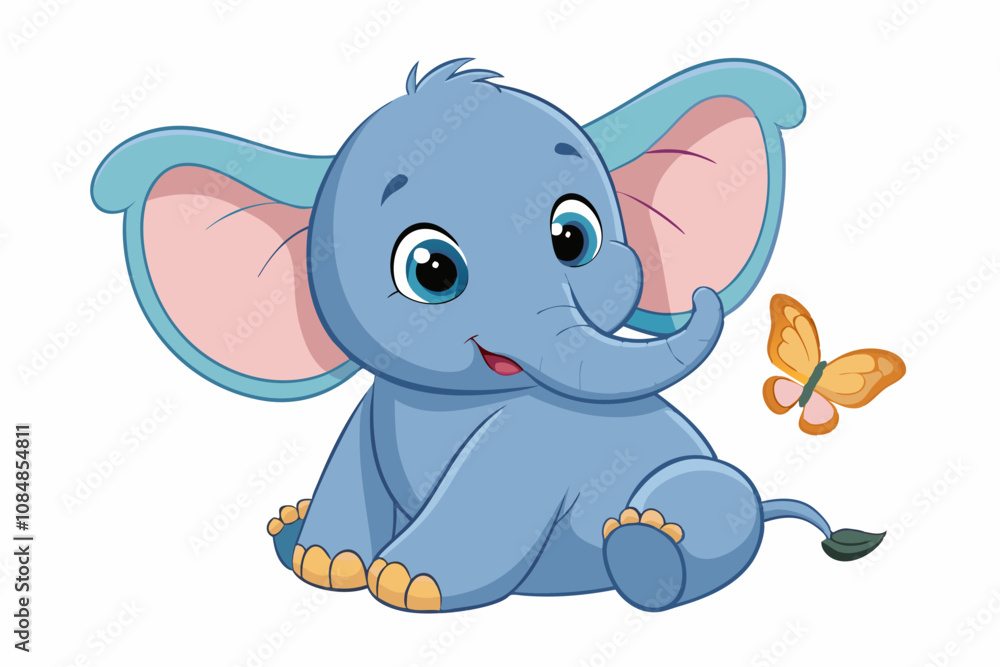 Fototapeta premium A baby elephant sitting in cute pose, with butterfly, on white background