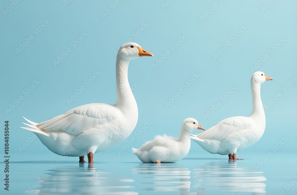 white geese on a soft blue background, in full growth, looking at the camera white geese on a soft blue background, in full growth, looking at the camera