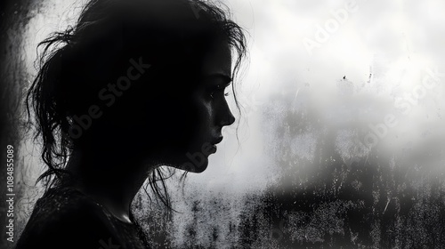A woman standing in front of a fogged window in black and white, her face obscured, adding to the sense of mystery. Cinematic Scene, 4k resolution, cinematic scene