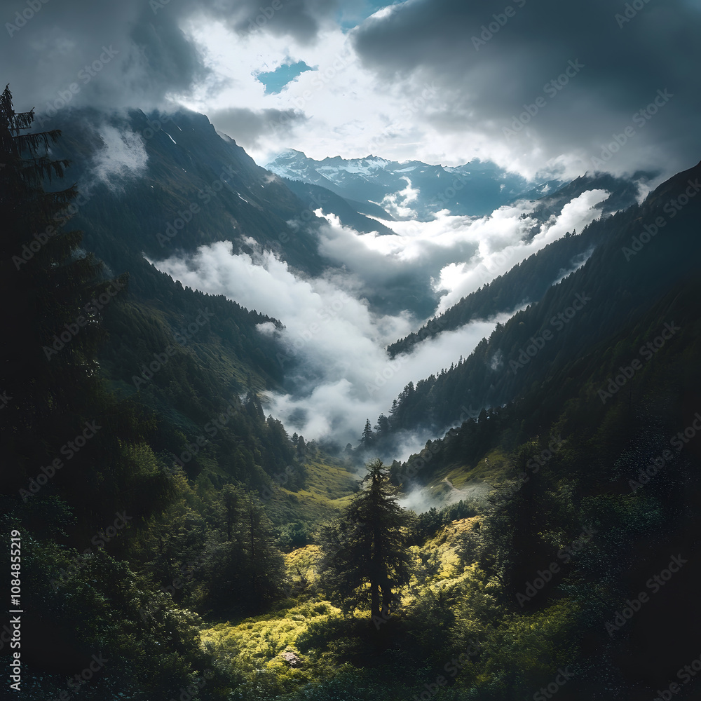 Obraz premium A serene valley nestled between mountains, shrouded in mist and clouds, showcasing lush greenery and dramatic natural beauty.