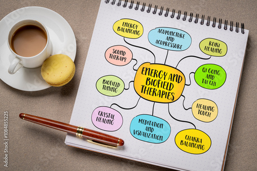 Energy and biofield therapies based on the concept that the body energy fields, often called biofields, play a critical role in health and healing, mind map infographics sketch. photo