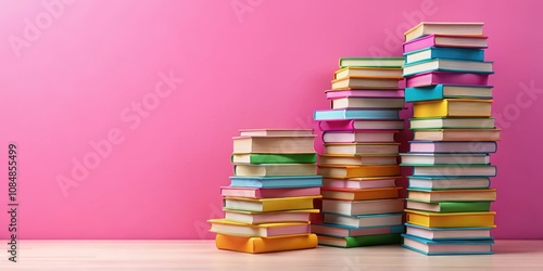 Colorful stacks of books against a pink background, representing knowledge and education. photo