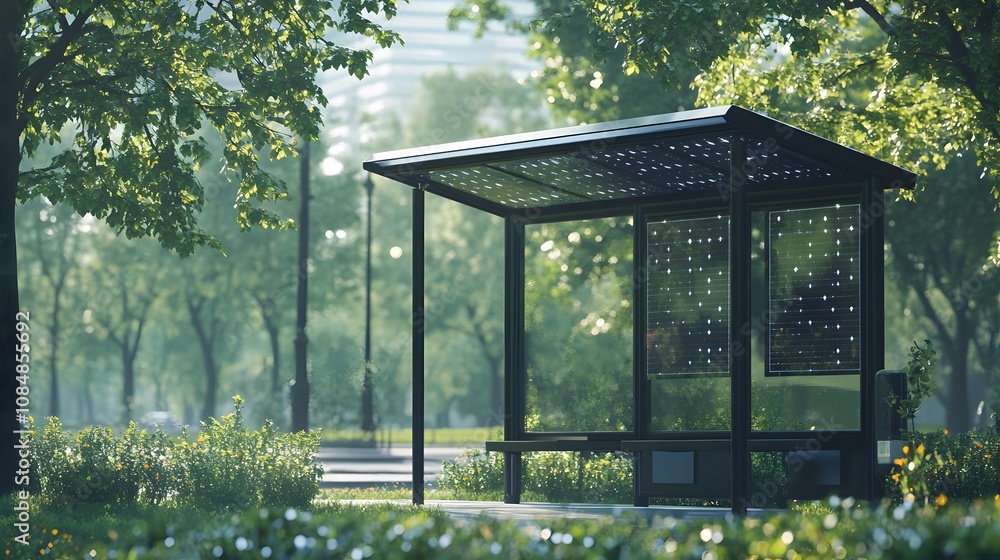 A solar-powered bus shelter in a green urban park, highlighting sustainable public transportation solutions. Cinematic Scene, 4k resolution, cinematic scene A solar-powered bus shelter in a green urban park, highlighting sustainable public transportation solutions. Cinematic Scene, 4k resolution, cinematic scene