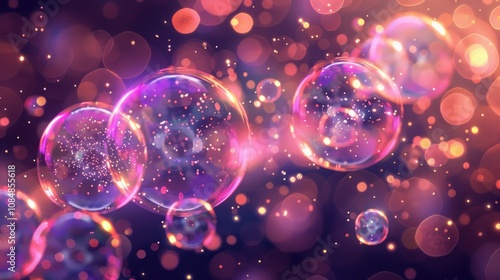 Abstract background with glowing iridescent bubbles and bokeh lights.