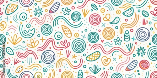 Vibrant Abstract Hand-Drawn Pattern with Colorful Shapes and Lines, Perfect for Textile or Web Design