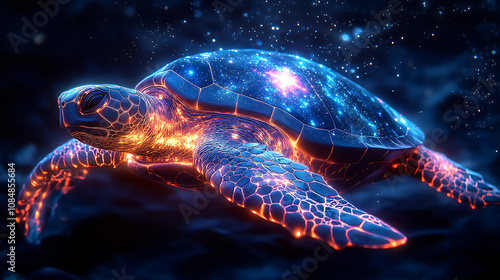 A turtle swimming in a cosmic galaxy starry shell, neon psychedelic colors. photo