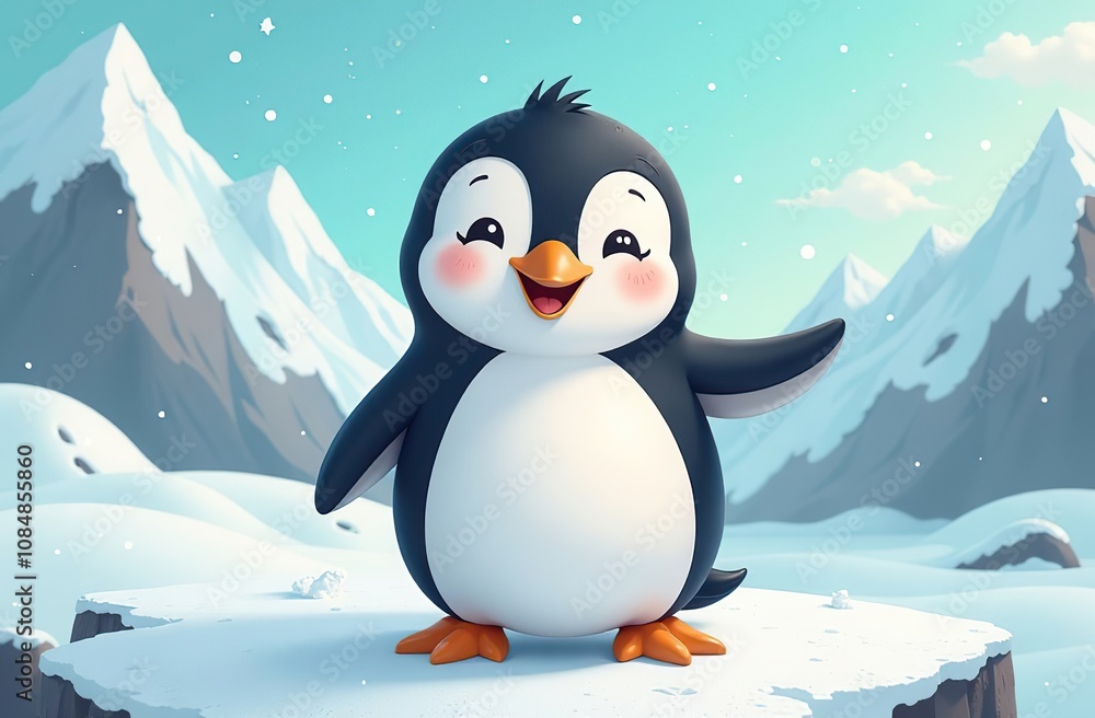 Obraz premium Cute cartoon penguin celebrating World Animal Day in a bright and cheerful setting