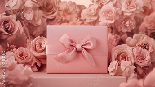 A pink gift box adorned with a ribbon, surrounded by soft pink rose, evoking a romantic atmosphere.