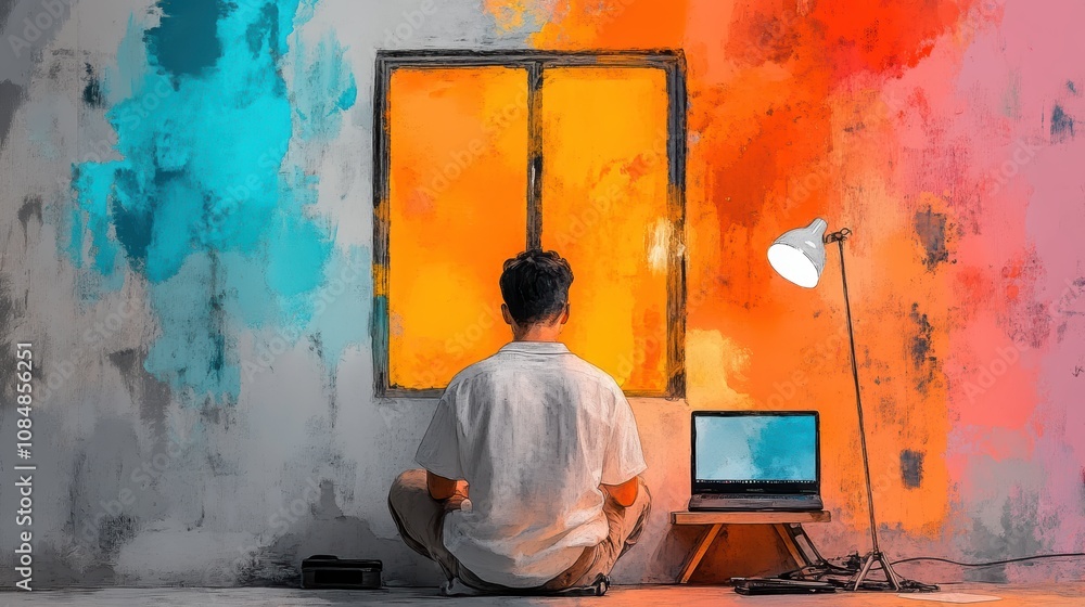 Obraz premium Contemplative Man Colorful Wall Laptop Window Desk Lamp Artistic Interior
